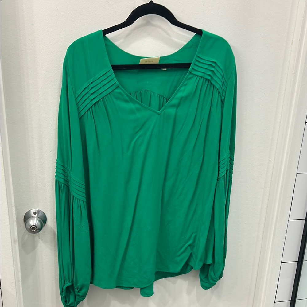 Anthropologie Maeve Green Peasant Balloon Sleeve  V Neck Long Women's Top